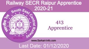 Railway SECR Raipur Apprentice Online Form 2020 