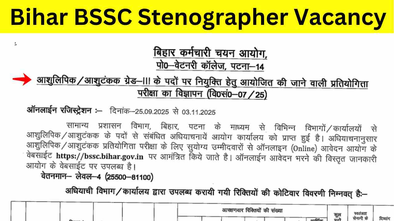 Bihar BSSC Stenographer Vacancy