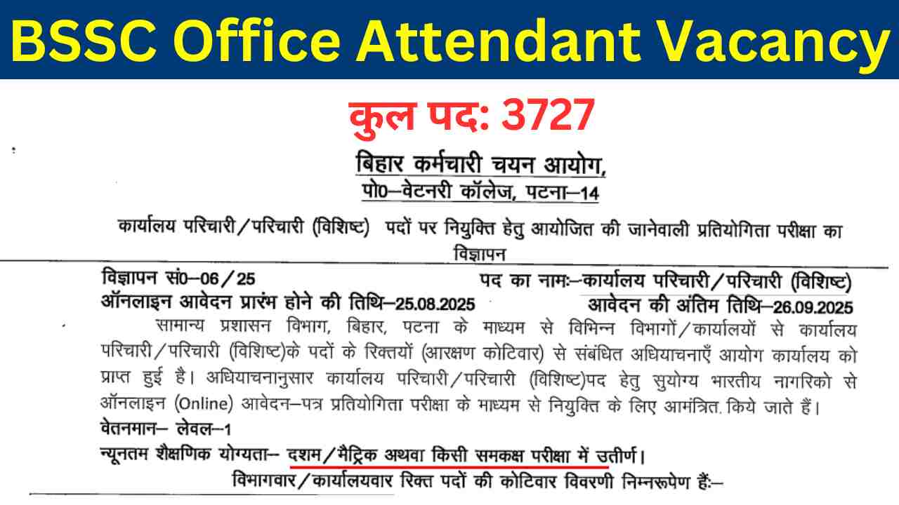 Bihar BSSC Office Attendant Vacancy